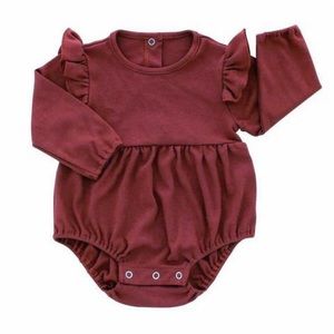 Emerson and Friends- Long Sleeve Cotton Onesie Merlot Flutter. Size: 12-18 mo